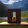 Garda sauna on timber base in front of lake and mountains
