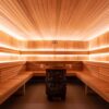 Picture taken just inside door of sauna looking into it. Western Red Cedar Walls and Harvia Pro Legend Heater.