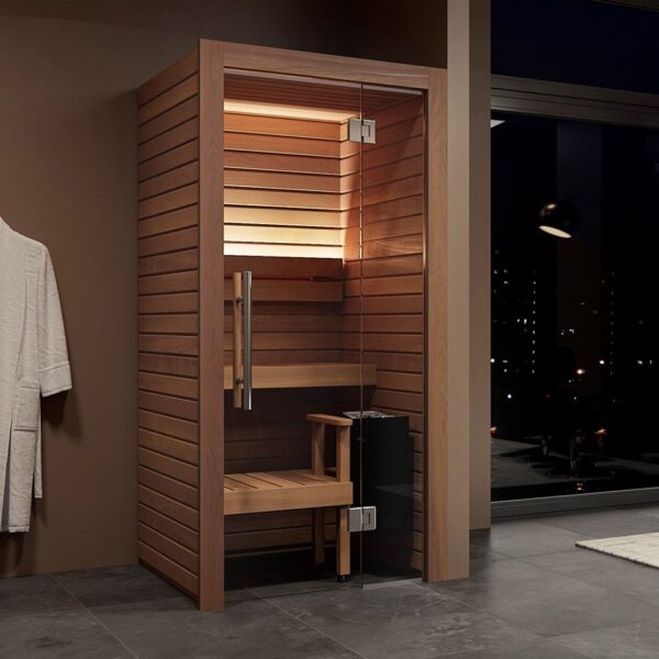 Cala Mini Inside Sauna with a bathrobe next to it.