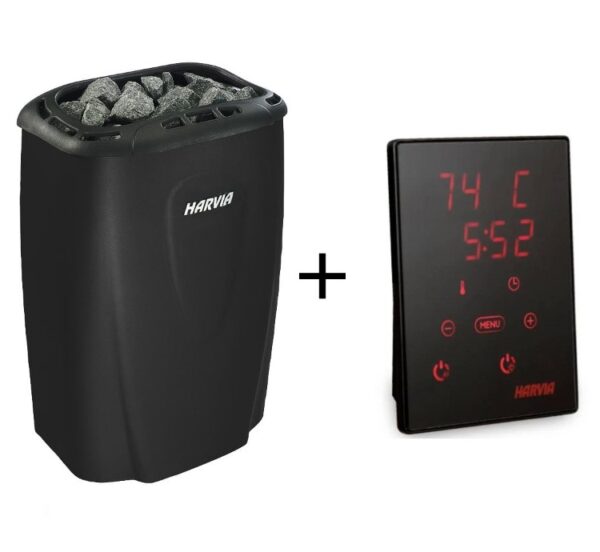 Harvia Moderna VXE Black Electric Sauna Heater and included Harvia Control Panel.