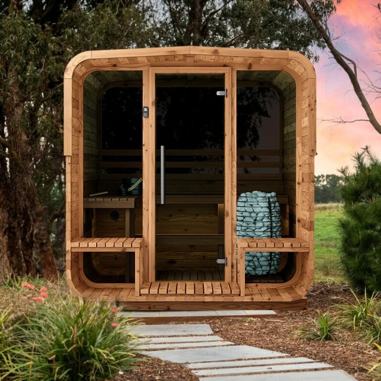 The Aura 250 Cube Sauna Outdoors.