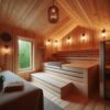 The inside of an elegant sauna designed with Canadian Hemlock timber.