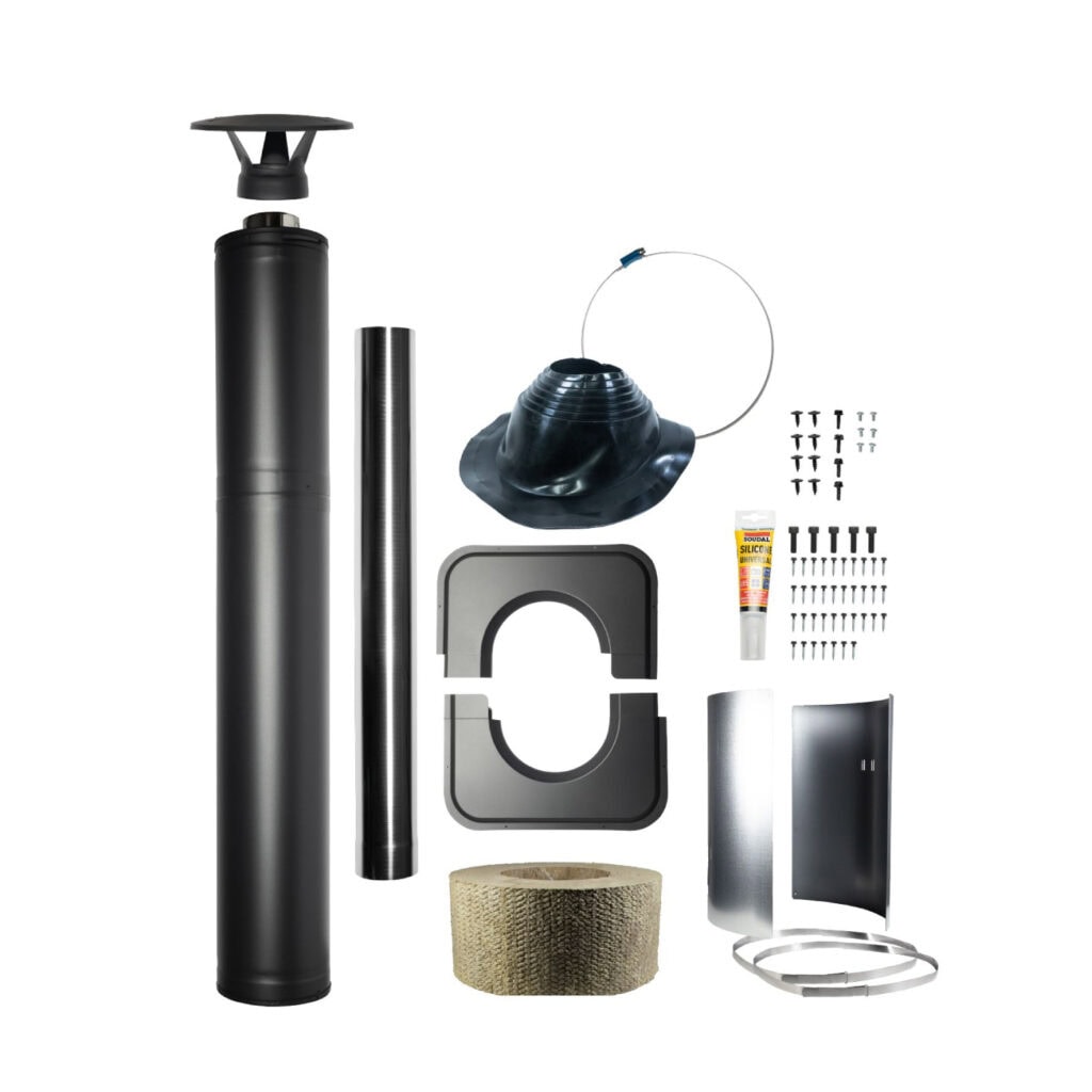 Disassembled pellet stove chimney kit showing pipes, flashing, screws, tape, silicone sealant and brackets.