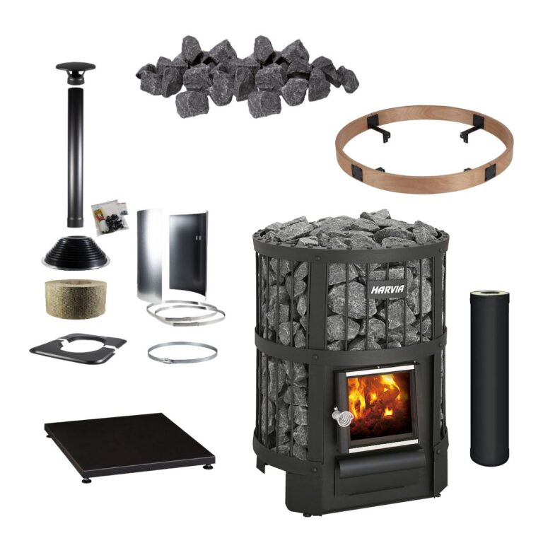 Harvia Legend 150 Wood Fired Heater Package, featuring heater, floor mat, guard, rock and chimney kit.