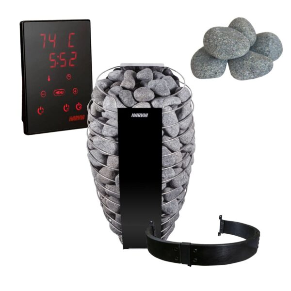 Harvia Spirit Electric Heater Package, featuring control panel, Spirit Sauna Heaters, Sauna Rocks and Safety Rail.
