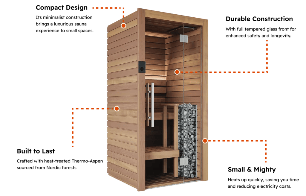 Key features listed for the Cala Mini Sauna.