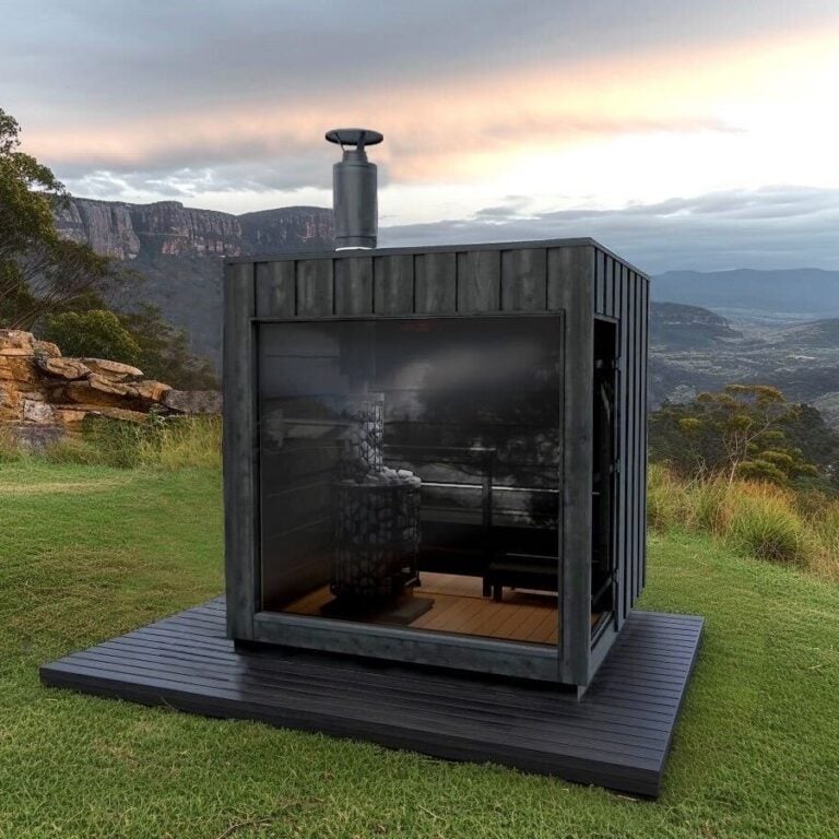 Harvia Wood-fired Outdoor Sauna in front of a scenic view.