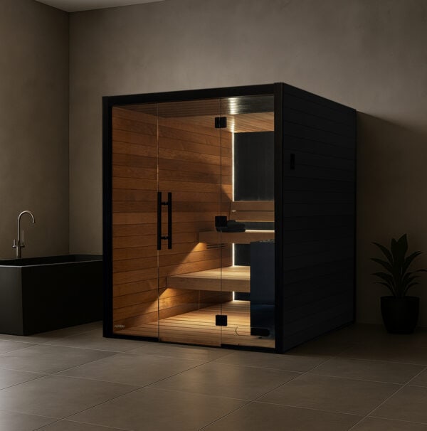 The Vulcana Indoor Sauna with a black ash oil finish.