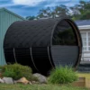 Black Luma Barrel Sauna with panoramic window