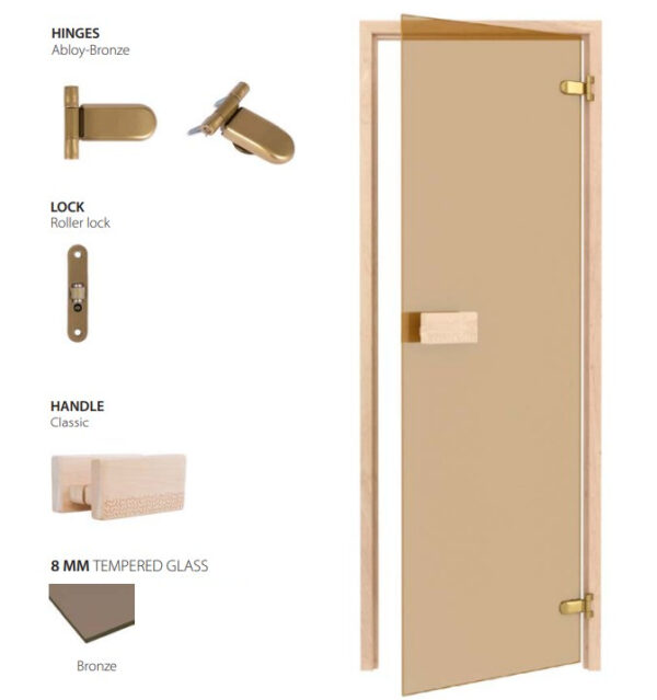 Image of a Bronze Classic Sauna Door and inclusions.