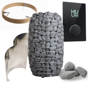 The HUUM Hive Mini Heater, HUUM Rocks, HUUM UKU Wi-Fi Controller, Safety Railing and Heating Shield.