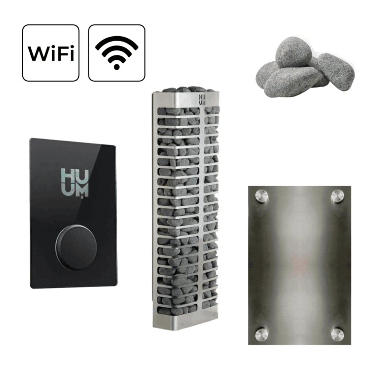 All items in the HUUM STEEL Mini Sauna Heater Package.