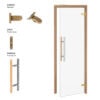 Bronze hinges, roller lock, and premium handle shown alongside a glass door with a wooden frame.