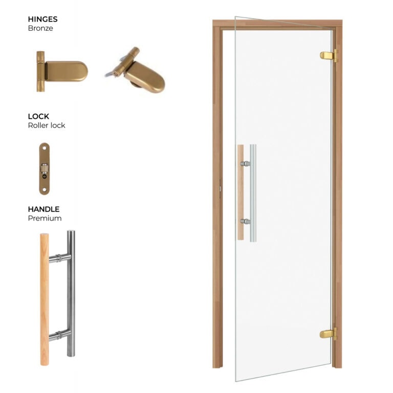 Bronze hinges, roller lock, and premium handle shown alongside a glass door with a wooden frame.