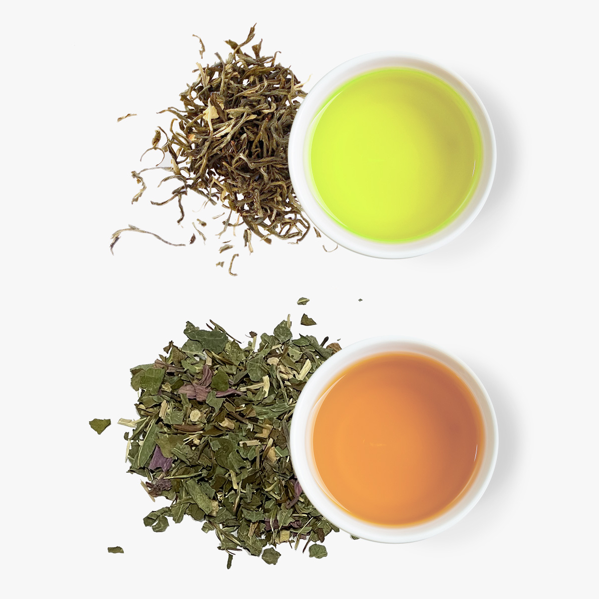 Herbal tea leaves and a cup of tea.