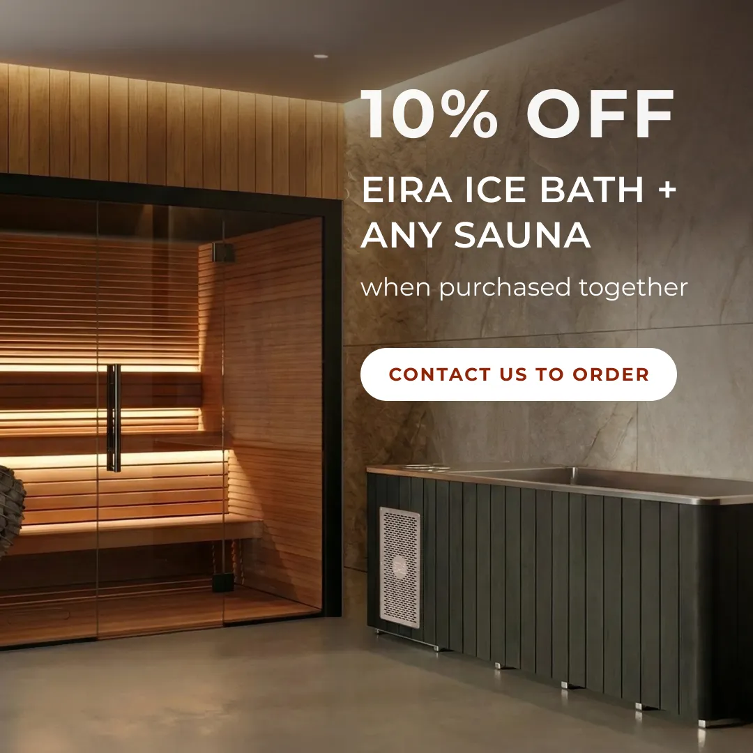 Promotional banner in a spa: '10% OFF EIRA ICE BATH + ANY SAUNA when purchased together' with a rounded 'CONTACT US TO ORDER' button; wood sauna room in background.
