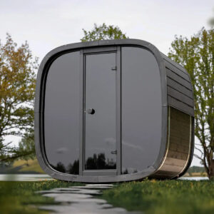 The exterior of the Black Cube Sauna.