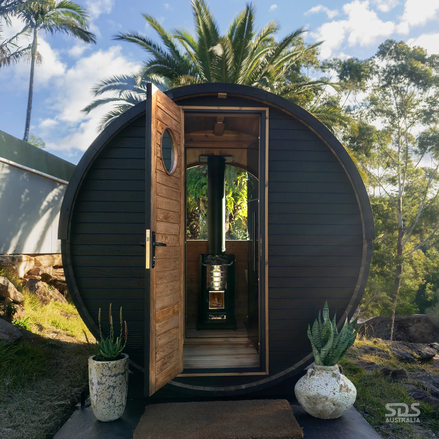 Halo Deluxe Barrel Sauna with a Wood-fired Heater