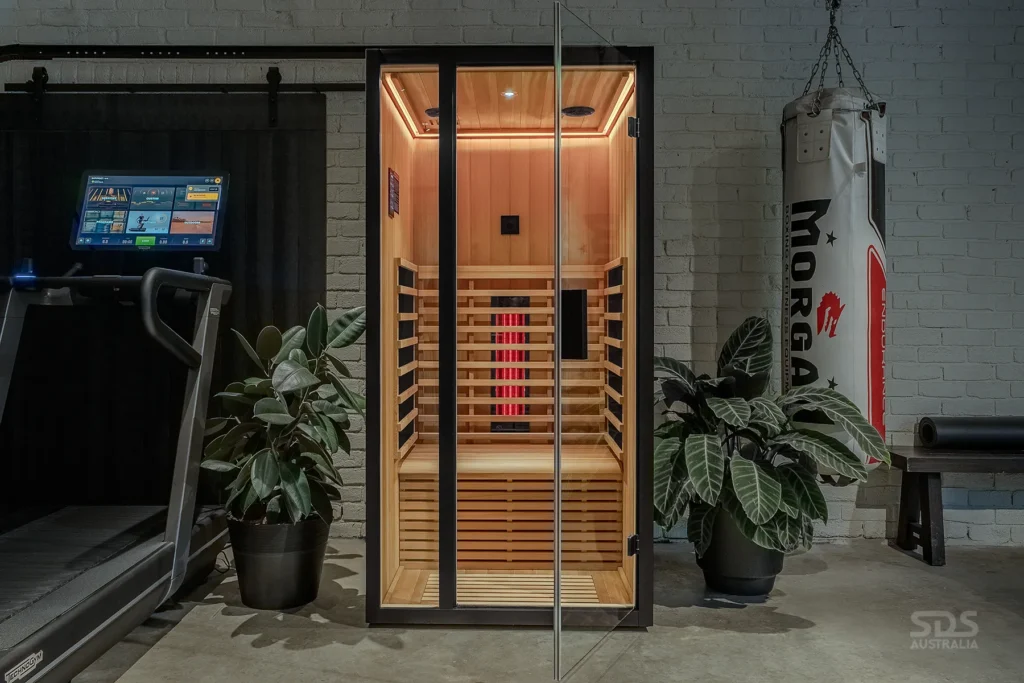 The Harvia Onyx Infrared Sauna in a home gym.