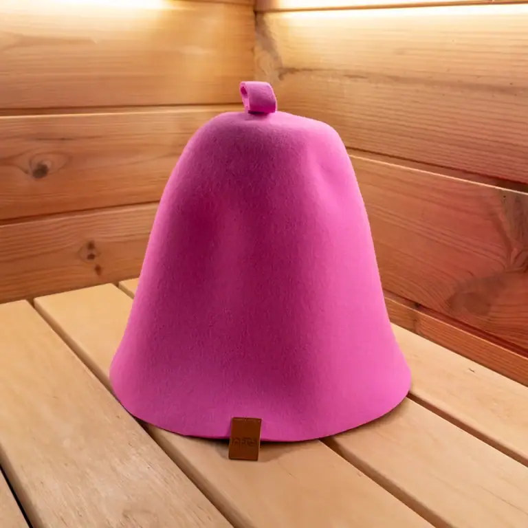 Hot Pink Sauna Hat in a Sauna.