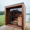 The outside of the architectural Aera Sauna.