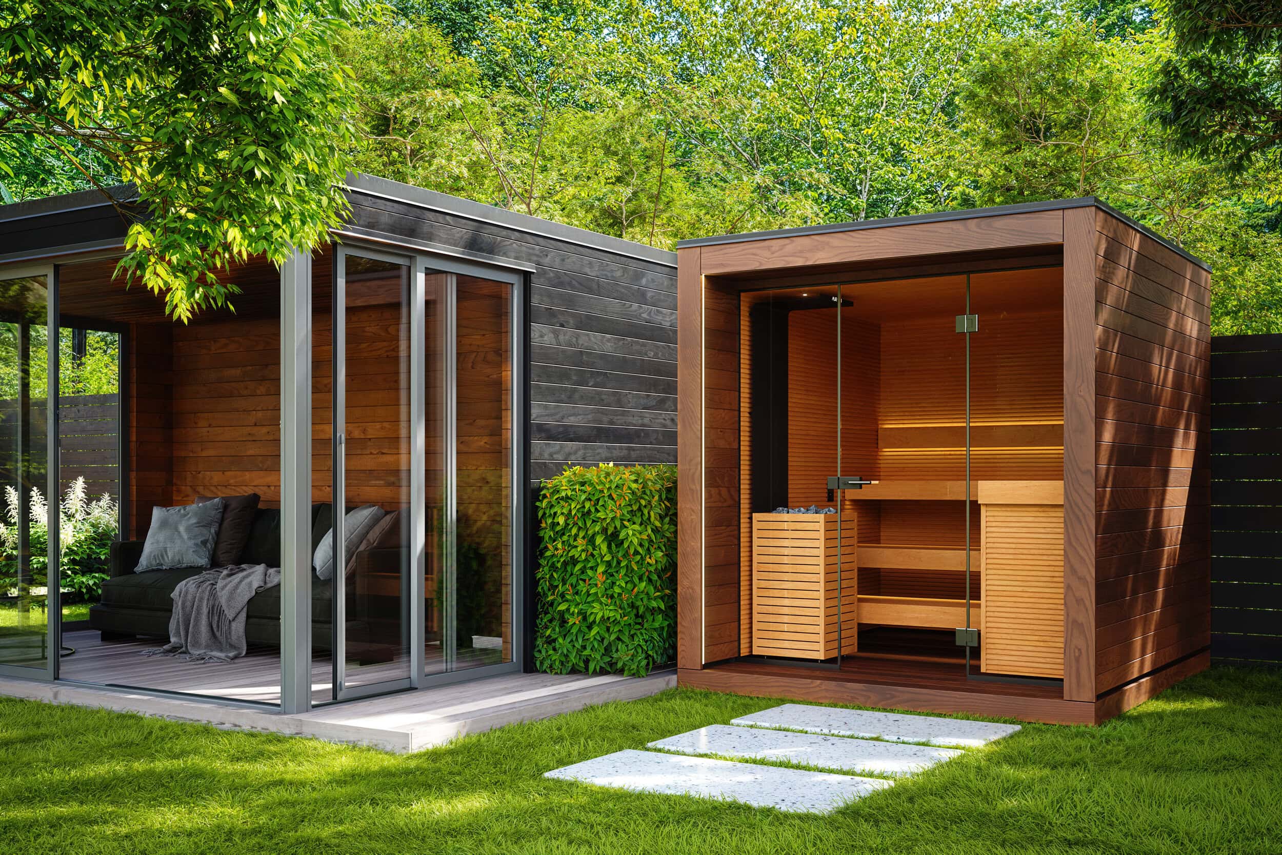 The Aera Outdoor Sauna in a garden.