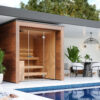 The Aera Outdoor Sauna next to a pool.