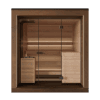 The font of the Aera Outdoor Sauna with Corner Bench.