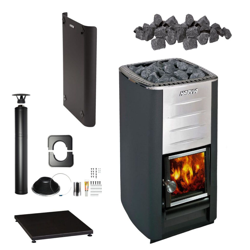 Items in the Harvia M3 Wood Fired Heater Package for Barrel Saunas.
