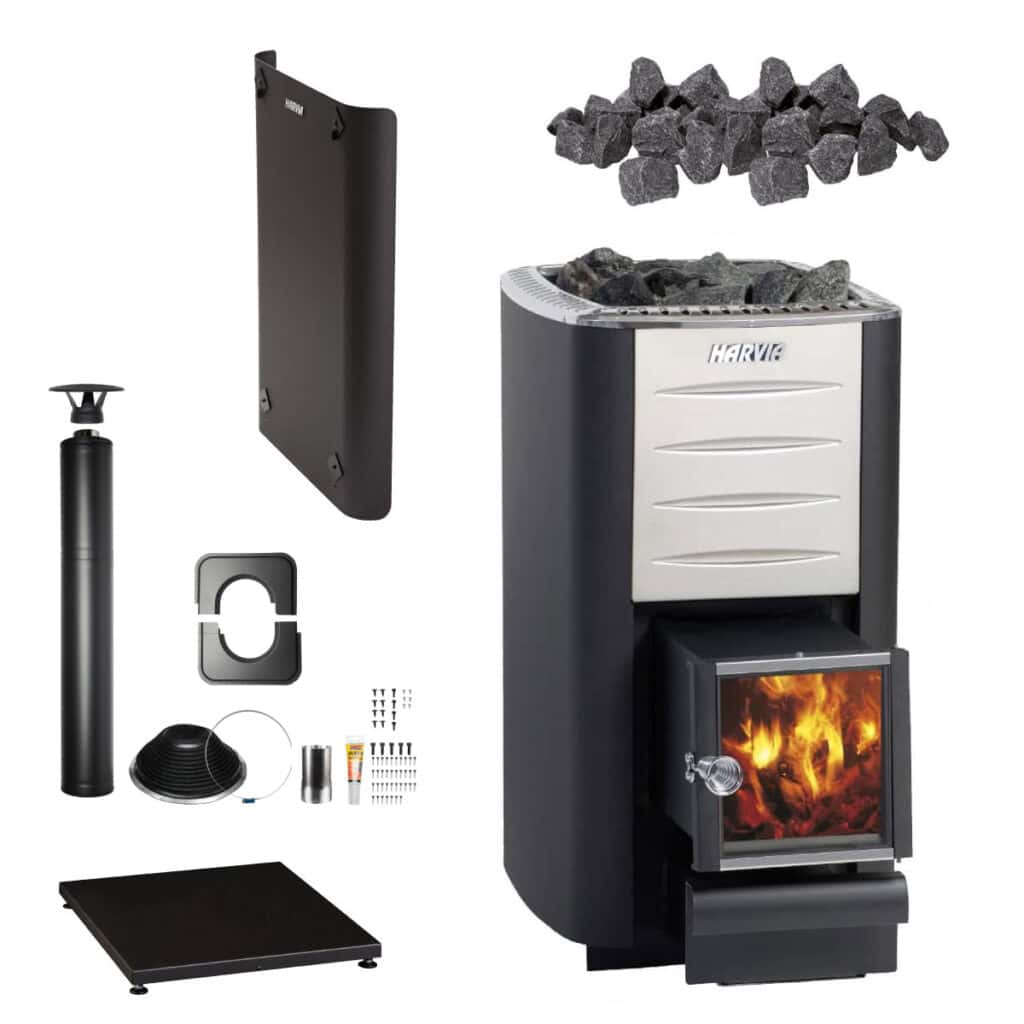 Items in the Harvia M3 SL Wood Fired Heater Package for Barrel Saunas.