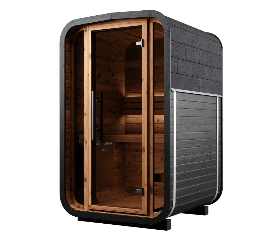 Angled image of the Sola 140 Brushed Black Sauna.