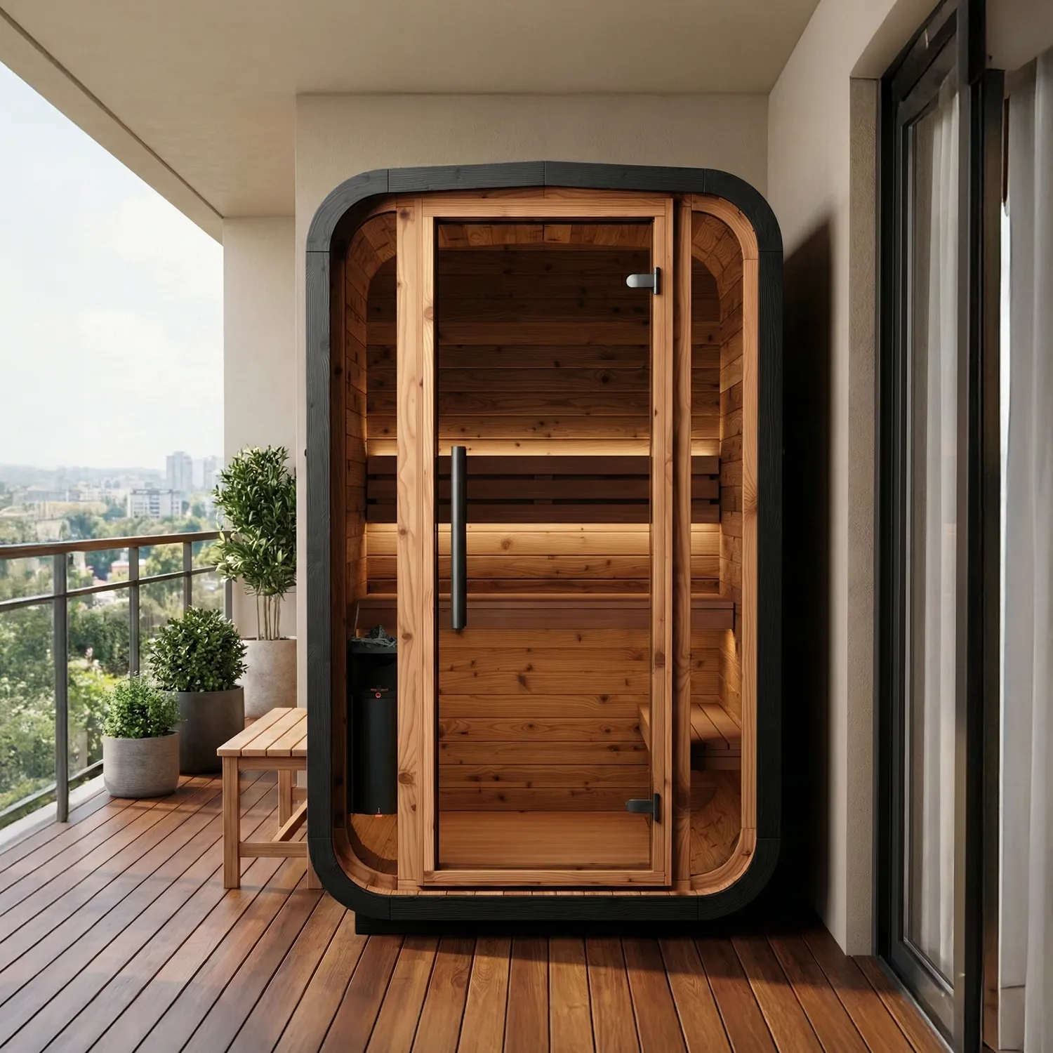 Sola 140 Black Outdoor Sauna in a balcony