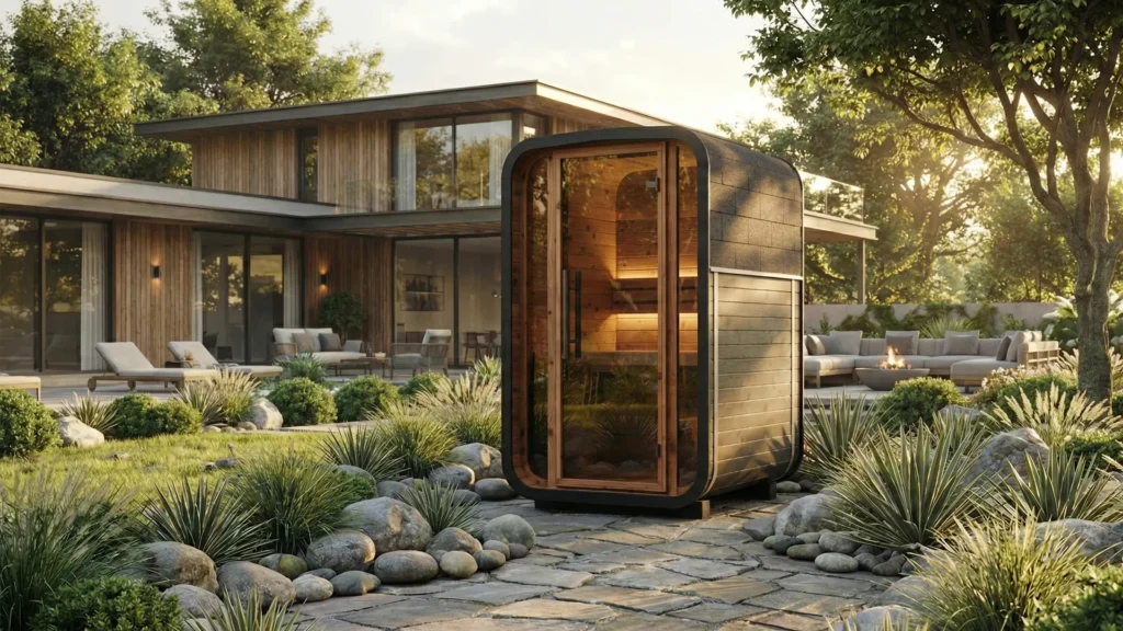 Sola 140 Black - Outdoor sauna in an outdoor wellness space