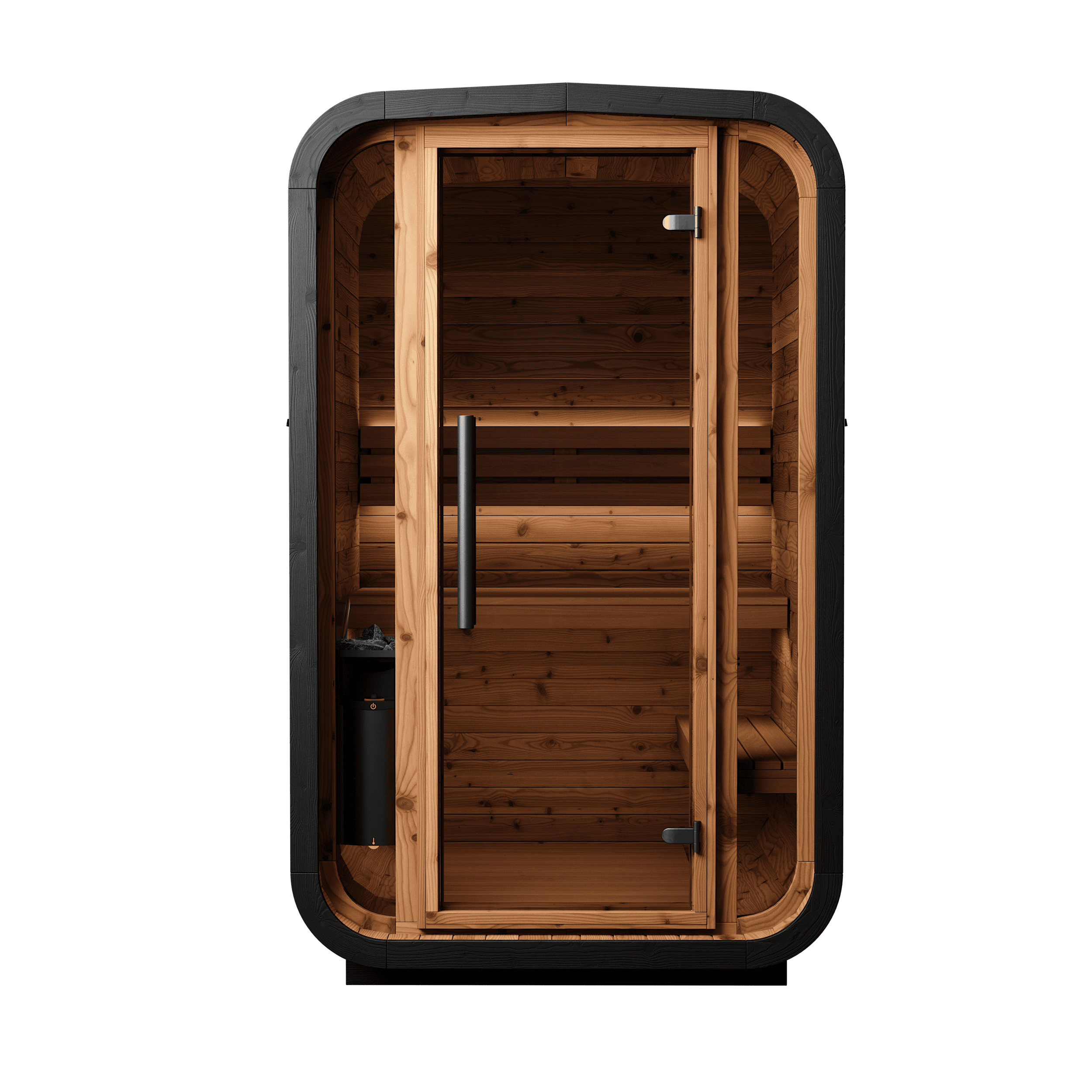 The front of the Sola 140 Brushed Black Sauna.