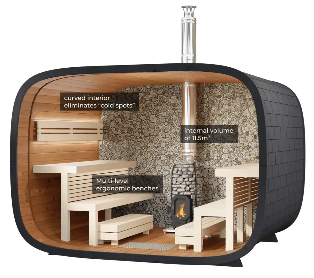 Sauna bench, sauna heater and juniper wall in the Round Cube® Outdoor Sauna .