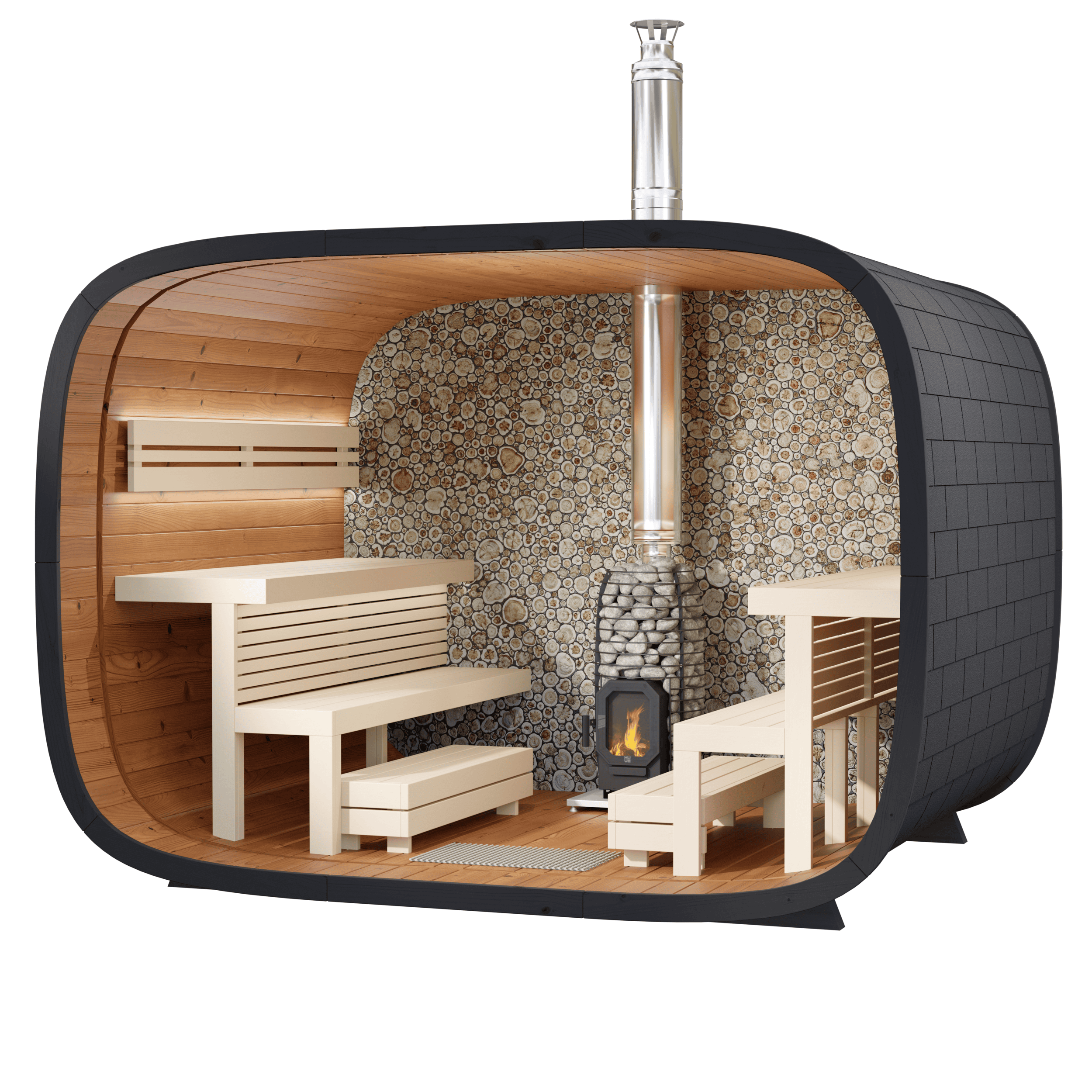 Sauna bench sauna heater and juniper wall in the Round Cube® Outdoor Sauna