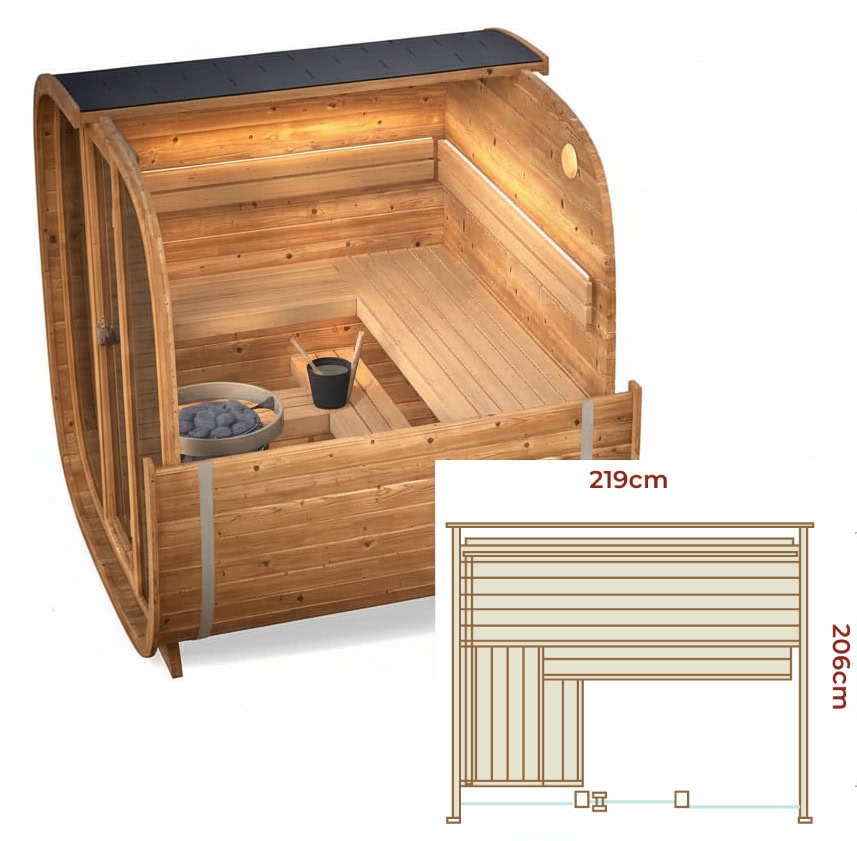 The Dice Large Natural Sauna with embedded diagram.