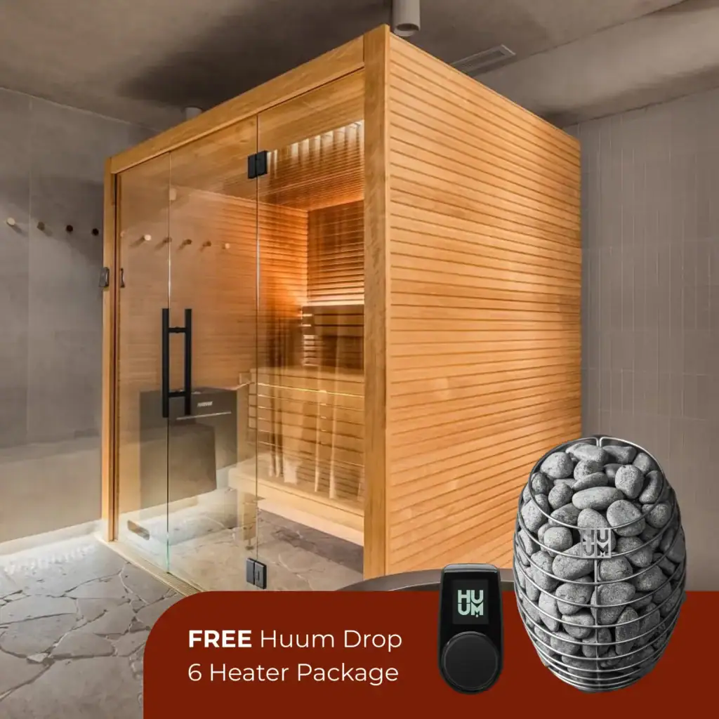 Glass-front sauna with wood slat walls; sauna stones and heater shown in a promotional banner.