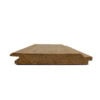 Close-up side view of a brown wooden flooring plank with a tongue-and-groove edge profile against a white background.