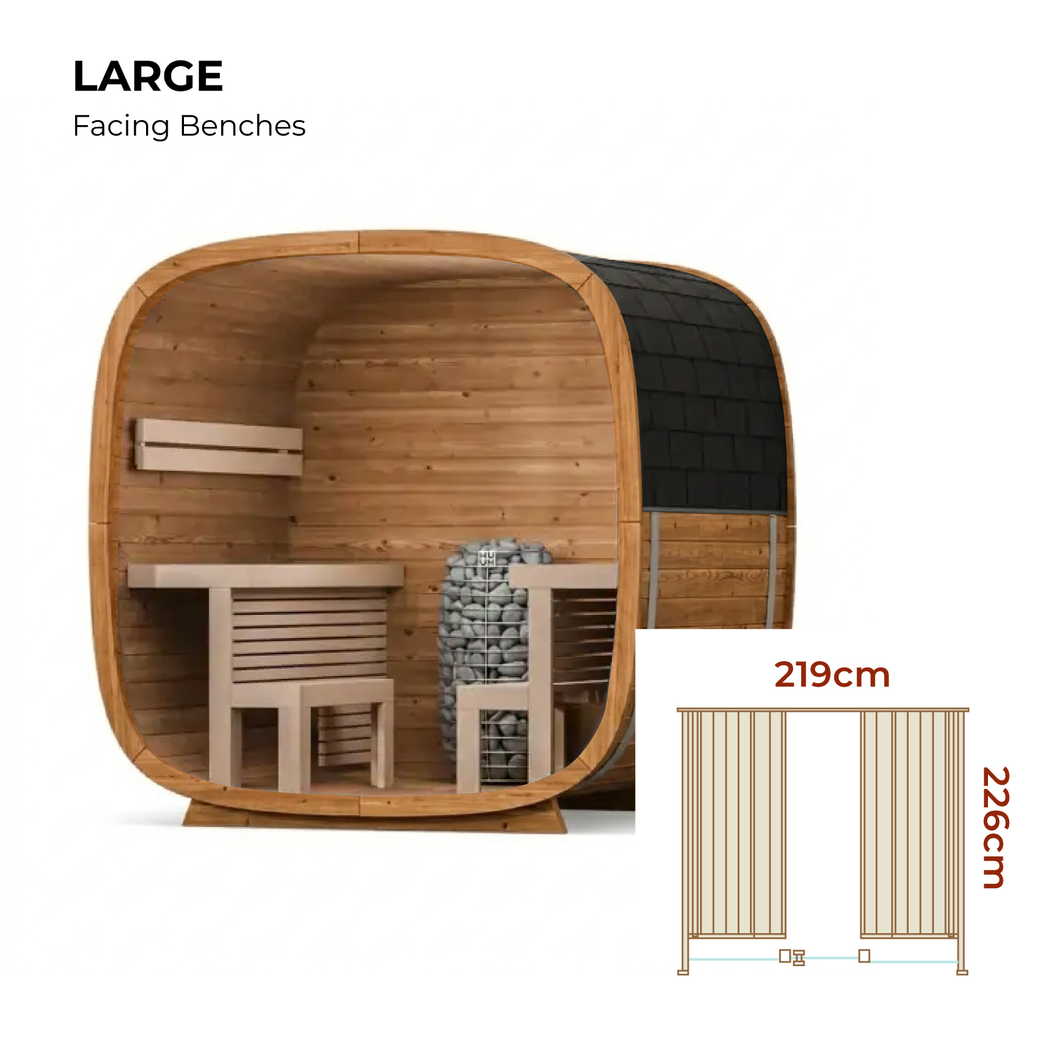 Dimensions of Dice Large Sauna with Facing Benches.