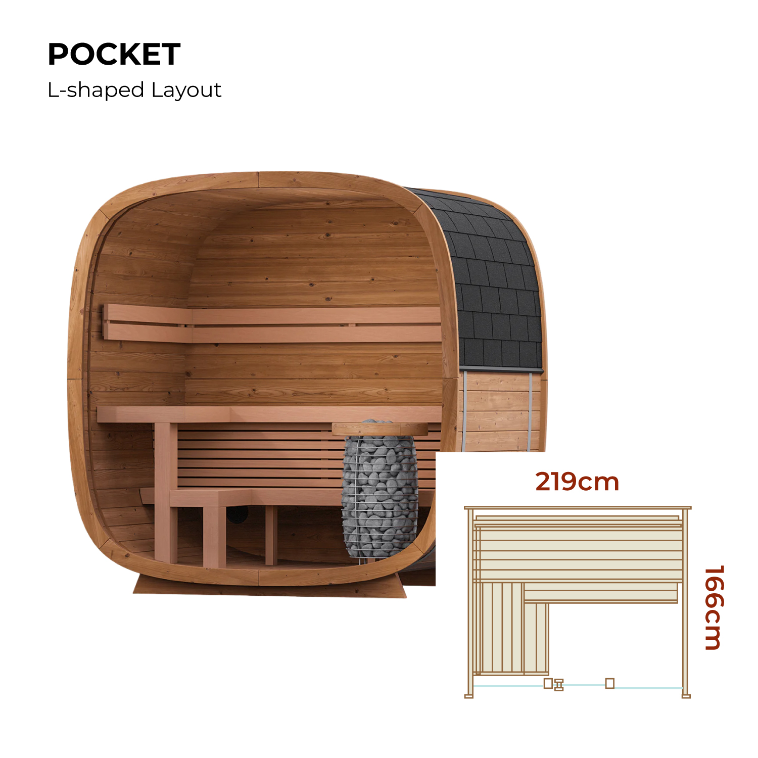 Dimensions of Dice Pocket Sauna with L-Shaped Bench.