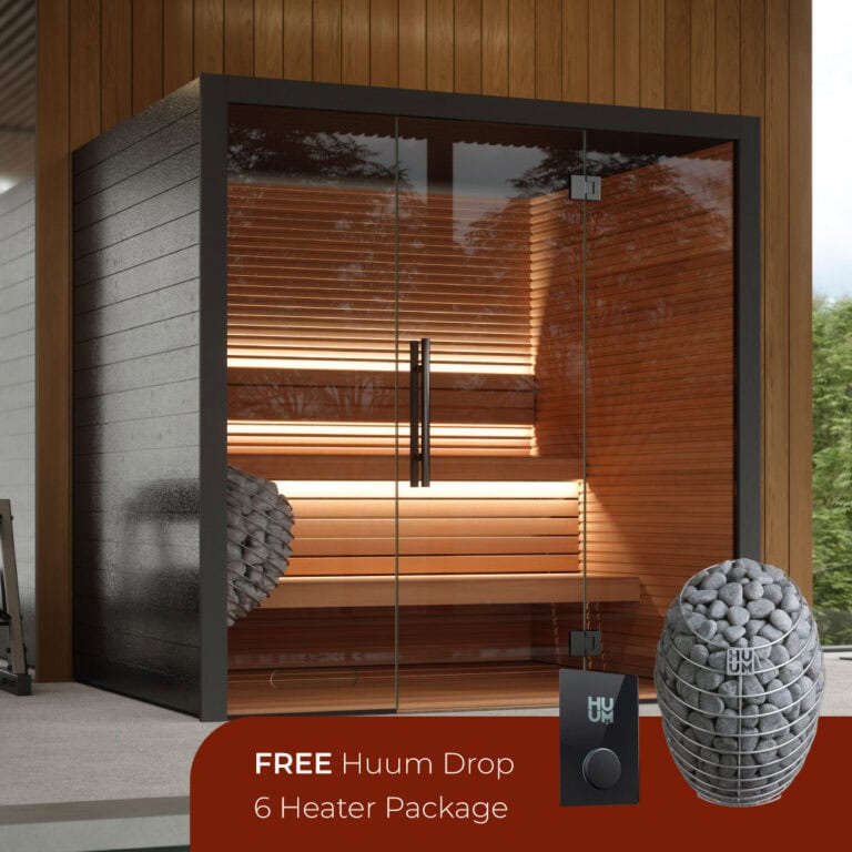 Sauna room with glass doors, wooden interior, and heater package for relaxation and wellness.