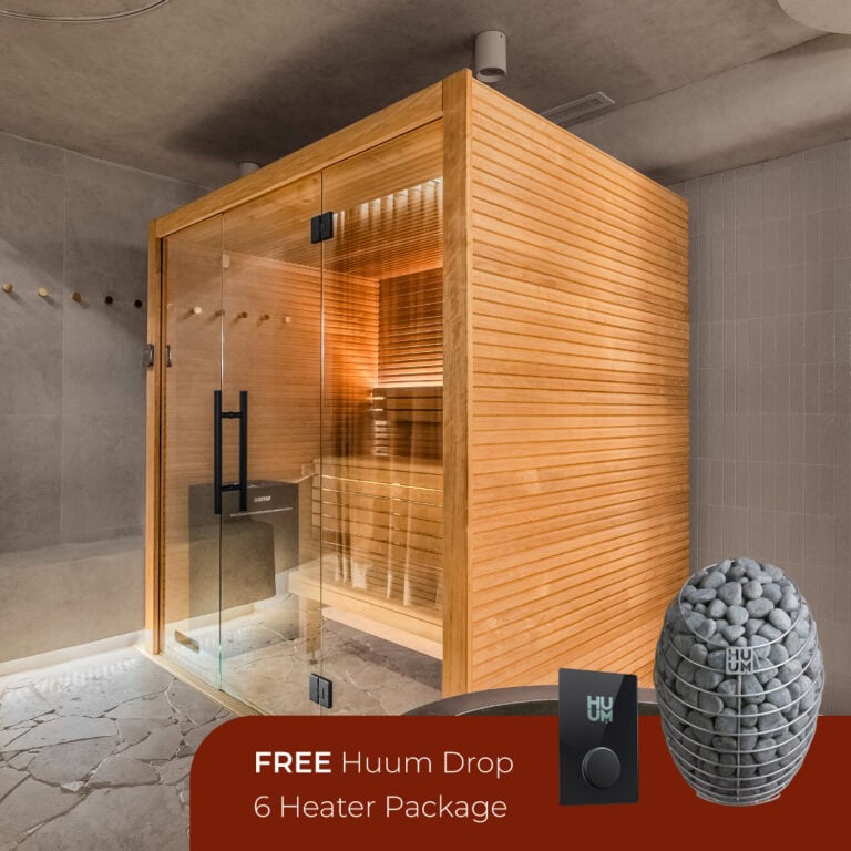Sauna room with wooden interior and glass door, ideal for relaxation and wellness. Perfect for healt.