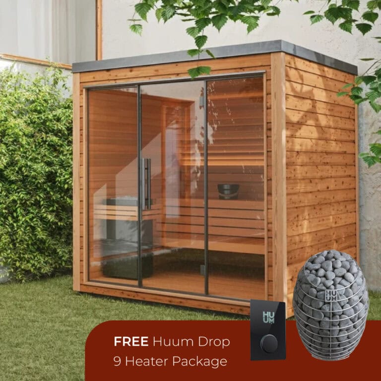 Outdoor wooden sauna with glass doors and interior bench, ideal for relaxation and wellness.