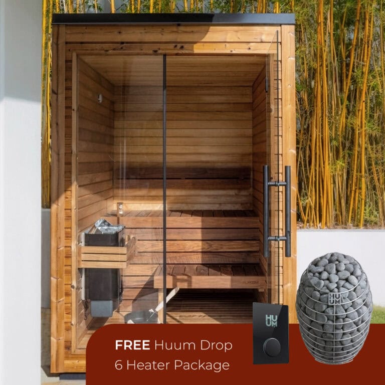 Modern sauna with glass doors, wooden interior, and heater package for health and relaxation.