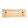 Wooden slatted bench with dark supports, isolated on a white background.