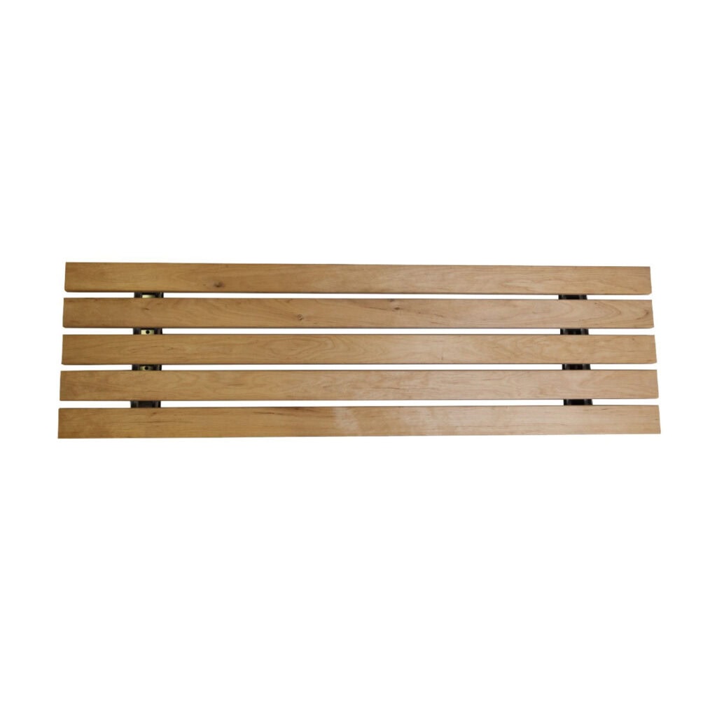 Wooden slatted bench seat on a white background with metal supports visible at the ends.