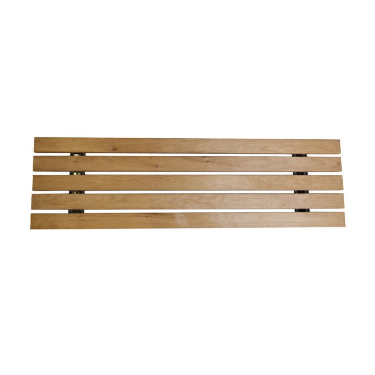 Wooden slatted bench seat on a white background with metal supports visible at the ends.