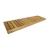 Long wooden slatted bench (sauna bench) with a light finish and a brand label on the side, extending diagonally across the image