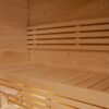 Wooden sauna interior with two-tier benches along the walls and warm lighting.